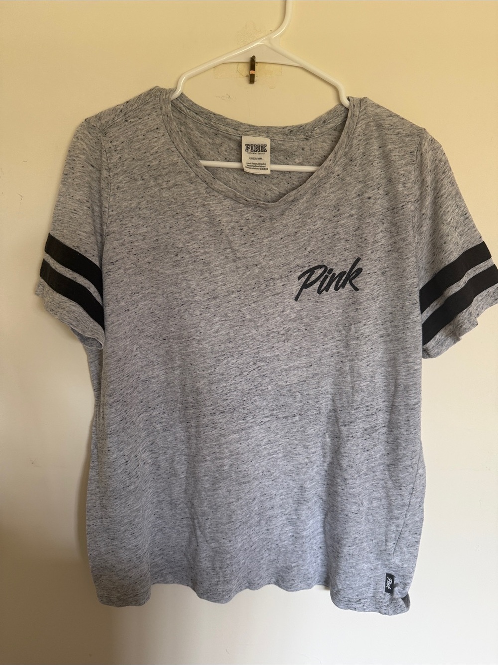 PINK Victoria's Secret Heather Gray Tee with Black Sleeve Stripes